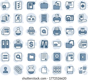 Blue tint and shade editable vector line icon set - passport vector, identity, stamp, contract, office binder, document search, printer, receipt, folder, news, paper clip, checklist, archive box