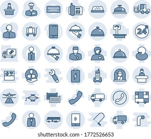 Blue tint and shade editable vector line icon set - runway vector, airport bus, 24 around, reception, taxi, baggage, phone, recieptionist, officer window, fork loader, doctor, office, support, cell