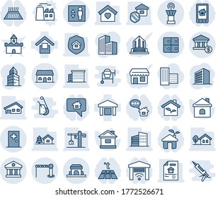 Blue Tint And Shade Editable Vector Line Icon Set - Barrier Vector, Airport Tower, Elevator, First Aid Room, Baggage, Office Building, House, Warehouse Storage, Bank, Account, With Garage, Tree, Eco