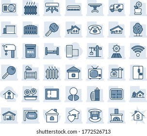 Blue tint and shade editable vector line icon set - house vector, with garage, tree, mailbox, sun panel, water supply, fruit, warehouse, fence, plan, rent, office building, estate agent, key, table