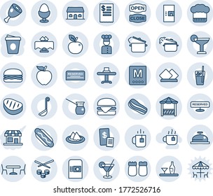 Blue tint and shade editable vector line icon set - coffee machine vector, tea, cafe, cook, alcohol, restaurant table, serviette, hat, menu, reserved, reception, cocktail, phyto bar, bacon, building