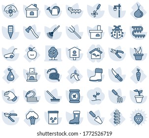 Blue tint and shade editable vector line icon set - trowel vector, garden fork, farm, ripper, rake, seedling, watering can, pruner, glove, boot, lawn mower, lady bug, house, hose, knife, axe, light