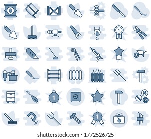 Blue tint and shade editable vector line icon set - passport control vector, terrorism, trowel, farm fork, rake, wheelbarrow, saw, scalpel, container, oil barrel, rack, safe, heater, radiator, work