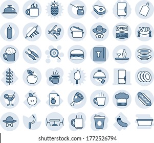 Blue tint and shade editable vector line icon set - cafe vector, lollipop, coffee, sickle, diet list, apple, meat, eggplant, spica, fridge, alcohol, cook hat, wine card, reception, cocktail, beer