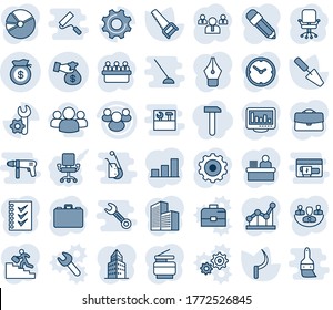 Blue tint and shade editable vector line icon set - gear vector, office chair, case, team, meeting, trowel, saw, sickle, group, settings, root setup, money bag, encashment, company, clock, building