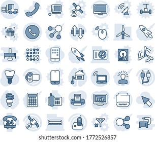 Blue tint and shade editable vector line icon set - phone vector, wireless notebook, fork loader, implant, office, 24 hours, satellite, video camera, monitor, radio, rca, hdmi, call, data exchange