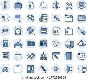 Tinta azul y sombra editable conjunto de iconos de la línea del vector - vector de reloj despertador, teléfono, post de señas, rowanberry, encuadernador de oficina, graduado, escritorio, bloc de notas, pala, lista de dieta, limón, riñones, horario, tablero de anuncios