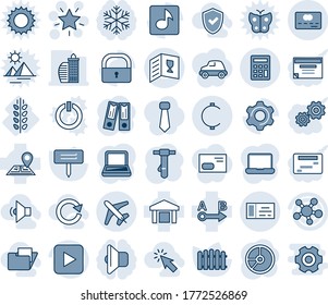 Blue tint and shade editable vector line icon set - plane vector, ticket, christmas star, office binder, tie, circle chart, fence, plant label, spica, navigation, warehouse, route, share, settings