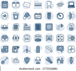 Blue tint and shade editable vector line icon set - baggage room vector, calculator, abacus, crisis graph, coffee, job, watering, greenhouse, pills, patch, heart hand, caries, protect, sim, wireless