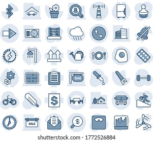 Blue tint and shade editable vector line icon set - antenna vector, airport bus, phone, right arrow, abacus, flower in pot, watering can, saw, rain, dropper, thermometer, scales, pills blister, bike