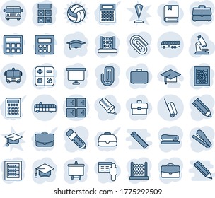 Blue tint and shade editable vector line icon set - airport bus vector, checkroom, suitcase, calculator, graduate, abacus, presentation board, microscope, case, paper clip, pencil, stapler, hat