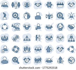 Blue tint and shade editable vector line icon set - handshake vector, hierarchy, pedestal, team, patient, basketball ball, group, user, company, hr, meeting, client search, gear, social, friends