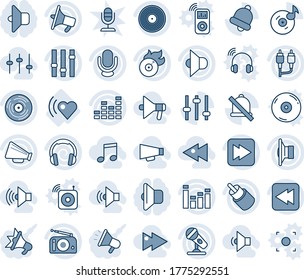 Blue tint and shade editable vector line icon set - heart beat vector, vinyl, flame disk, microphone, radio, speaker, loudspeaker, settings, equalizer, headphones, fast forward, rewind, rca, tuning