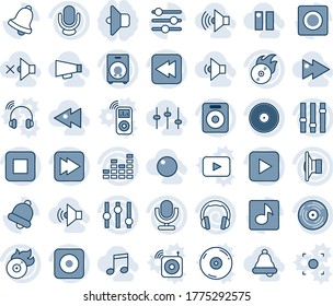 Blue tint and shade editable vector line icon set - vinyl vector, flame disk, speaker, settings, equalizer, microphone, headphones, play button, stop, fast forward, rewind, rec, tuning, bell, record