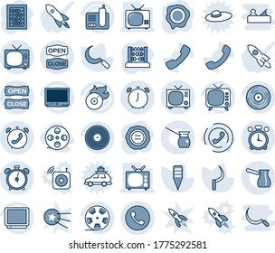 Blue tint and shade editable vector line icon set - alarm clock vector, phone, tv, abacus, stamp, sickle, plant label, reel, vinyl, flame disk, radio, call, open close, turkish coffee, horn, rocket