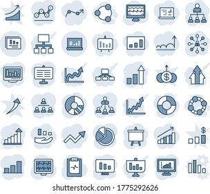 Blue tint and shade editable vector line icon set - growth statistic vector, hierarchy, presentation board, monitor, circle chart, pulse, clipboard, statistics report, account, bar graph, pie, point