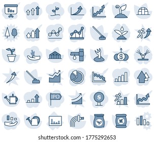 Blue tint and shade editable vector line icon set - seedling vector, watering can, sproute, hoe, greenhouse, fertilizer, drip irrigation, statistics, bar graph, pie, point, arrow up, growth, crisis