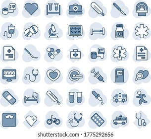 Blue tint and shade editable vector line icon set - medical room vector, heart, monitor pulse, doctor case, diagnosis, stethoscope, syringe, blood pressure, test vial, dropper, thermometer, scales
