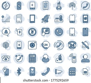 Blue tint and shade editable vector line icon set - phone vector, alarm, no mobile sign, merry christmas message, heart monitor, office, 24 hours, support, tracking, radio, back, call, camera, sim