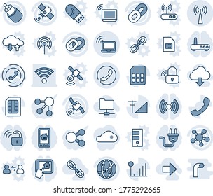 Blue tint and shade editable vector line icon set - wireless notebook vector, antenna, phone, satellite, network, share, chain, rca, call, sim, cellular signal, right arrow, folder, download cloud