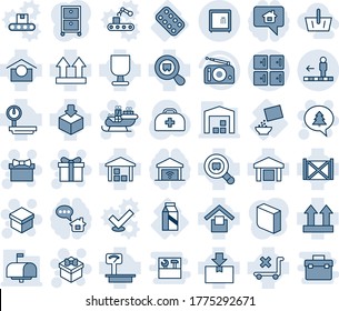 Blue tint and shade editable vector line icon set - checkroom vector, travolator, gift, santa sleigh, merry christmas message, doctor case, pills blister, milk, cereal, container, fragile, package