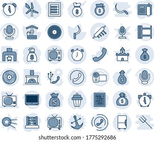 Blue tint and shade editable vector line icon set - alarm clock vector, phone, tv, abacus, money bag, well, sickle, film frame, vinyl, video camera, microphone, call, office, fireplace, rolling pin