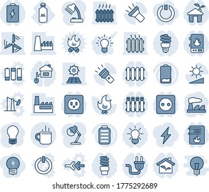 Blue tint and shade editable vector line icon set - hot cup vector, bulb, factory, fire, milk, battery, low, torch, brightness, desk lamp, sun panel, windmill, heater, home control, eco house, water