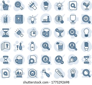 Blue tint and shade editable vector line icon set - wine vector, champagne, snowball house, document search, bulb, thermometer, heart diagnostic, milk, fragile, cargo, torch, estate, client, alcohol
