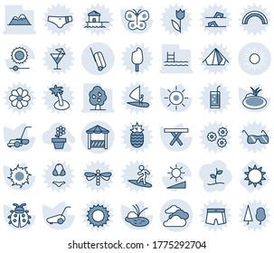 Blue tint and shade editable vector line icon set - sun vector, suitcase, clouds, lawn mower, butterfly, lady bug, pond, picnic table, brightness, pool, fruit tree, mountains, alcove, flower pot