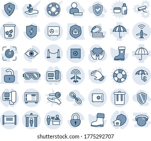 Blue tint and shade editable vector line icon set - plane radar vector, fence, passport control, security gate, trash bin, safe, glove, boot, hose, heart hand, umbrella, protect, lock, eye id, check