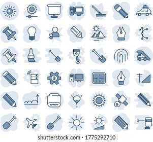 Blue tint and shade editable vector line icon set - ladder car vector, sun, drawing pin, bulb, job, pencil, shovel, rake, bladder, satellite, hdmi, brightness, fingerprint id, cellular signal, plan