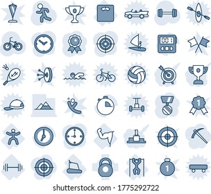 Blue tint and shade editable vector line icon set - medal vector, barbell, bike, run, floor scales, power hand, treadmill, pull ups, gymnastics, heavy, clock, stopwatch, target, mountains, pedestal
