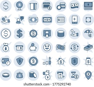 Blue tint and shade editable vector line icon set - dollar sign vector, currency, coin, exchange, cash, safe, insurance, smile, atm, receipt, finance calendar, piggy bank, pay, purse, mobile payment