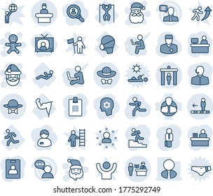 Blue tint and shade editable vector line icon set - passport control vector, security gate, reception, travolator, santa claus, cake man, manager place, run, doctor, power hand, pull ups, client