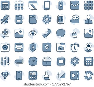 Blue tint and shade editable vector line icon set - mobile vector, phone back, call, menu, message, camera, gallery, protect, settings, tuning, themes, user, calculator, clock, alarm, stopwatch, sd