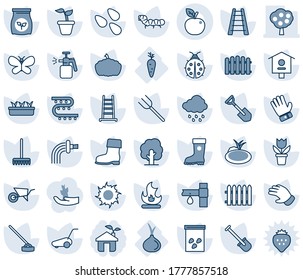 Blue tint and shade editable vector line icon set - flower in pot vector, shovel, farm fork, fence, rake, ladder, seedling, tree, wheelbarrow, watering, glove, boot, lawn mower, butterfly, lady bug