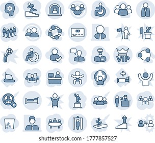 Blue tint and shade editable vector line icon set - vip vector, disabled, reception, bed, passport control, metal detector gate, credit card, baby, speaking man, pedestal, team, meeting, doctor, hr
