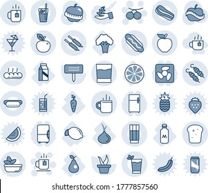 Blue tint and shade editable vector line icon set - hot cup vector, tea, rowanberry, seedling, plant label, diet, lemon, carrot, slice, pear, onion, broccoli, milk, drink, phyto bar, salad, bacon