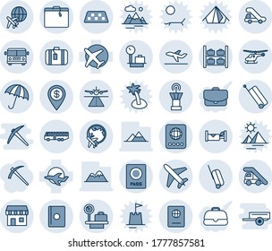 Blue tint and shade editable vector line icon set - plane vector, runway, taxi, suitcase, airport bus, umbrella, passport, ladder car, helicopter, luggage storage, scales, globe, tower, departure