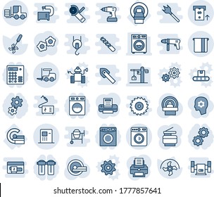 Blue tint and shade editable vector line icon set - washer vector, fork loader, gear, ripper, tomography, mri, atm, printer, copier, crane, water filter, combination lock, brain work, conveyor, tile