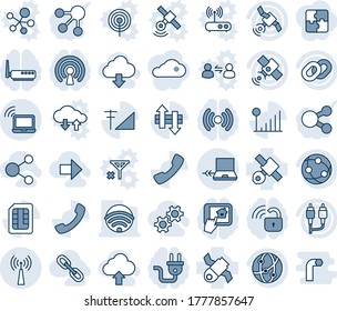 Blue tint and shade editable vector line icon set - wireless notebook vector, antenna, connect, satellite, network, chain, rca, call, sim, data exchange, cellular signal, gear, right arrow, share