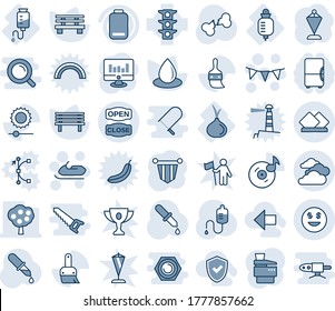 Blue tint and shade editable vector line icon set - clouds vector, snowmobile, flag garland, pennant, statistic monitor, water drop, bench, dropper, broken bone, counter, onion, traffic light, music