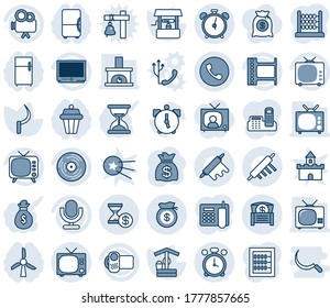 Blue tint and shade editable vector line icon set - alarm clock vector, phone, tv, money bag, well, sickle, film frame, vinyl, video camera, microphone, chest, account history, abacus, office, sand