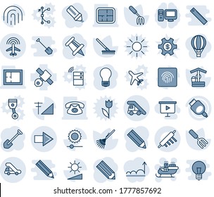 Blue tint and shade editable vector line icon set - right arrow vector, ladder car, plane radar, trap truck, santa sleigh, drawing pin, bulb, job, pencil, garden fork, rake, well, satellite, hdmi