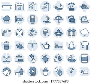 Blue tint and shade editable vector line icon set - shower vector, watering can, bucket, water drop, rain, well, hose, pond, sea shipping, port, umbrella, pool, supply, warehouse, bathroom, drink