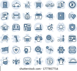 Blue tint and shade editable vector line icon set - vip zone vector, no mobile sign, safety car, first aid room, christmas glove, 31 dec calendar, hat, angel, wine, contract, statistic monitor, beat