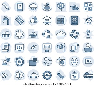 Blue tint and shade editable vector line icon set - bomb in case vector, passport, wind, luggage storage, arrival, baggage, parking sign, safety car, contract, statistic monitor, pond, pills blister