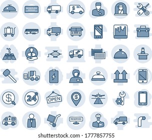 Blue tint and shade editable vector line icon set - runway vector, airport bus, 24 around, baggage, client bell, receptionist, officer window, fork loader, mobile phone, ambulance car, doctor, cell