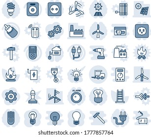 Blue tint and shade editable vector line icon set - fork loader vector, bulb, ladder, fire, remote control, speaker, rca, sun panel, windmill, factory, home, socket, power plug, energy saving, idea