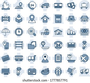 Blue tint and shade editable vector line icon set - baggage trolley vector, navigation, pin, railroad, store, plane, cash, traffic light, 24 hours, mobile tracking, truck trailer, car delivery, term